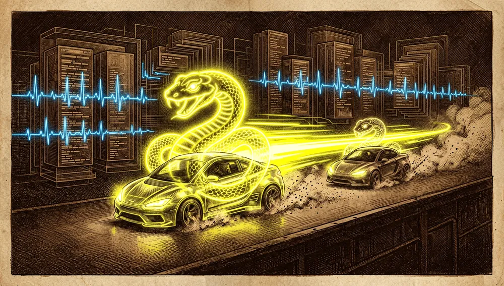 Dos velocímetros holográficos compitiendo en un escenario oscuro; uno con un icono de Python domina la carrera dejando atrás a los demás, sobre bloques de datos anidados.