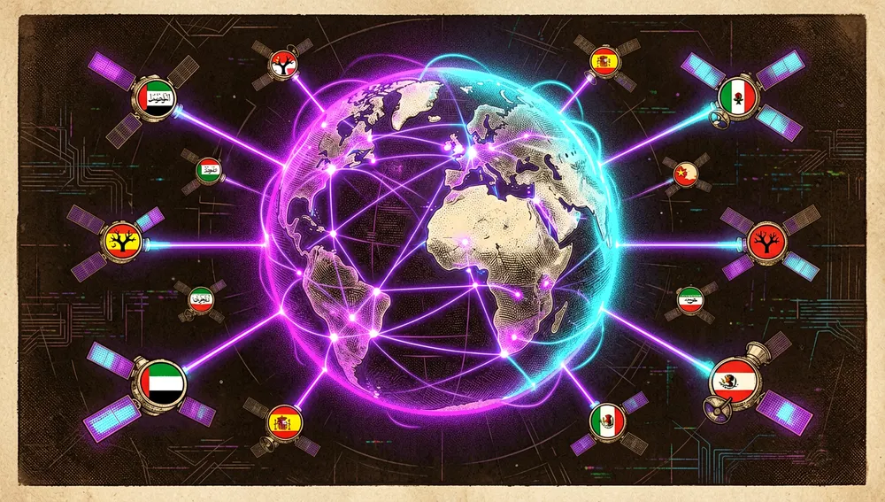 Globo digital brillante en un espacio oscuro, cubierto de nodos interconectados que representan documentación en varios idiomas y bifurcaciones de la comunidad.