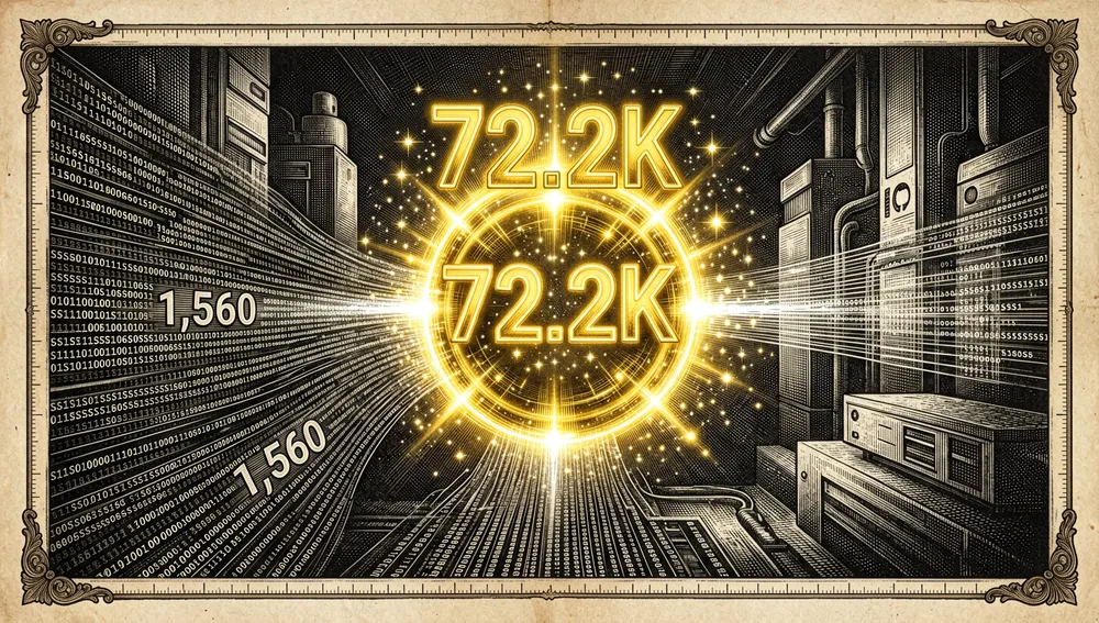 Interfaz holográfica de un repositorio de GitHub con métricas de neón orbitando un núcleo central: un contador de "72.2K" estrellas y flujos de datos que representan 1.560 commits.