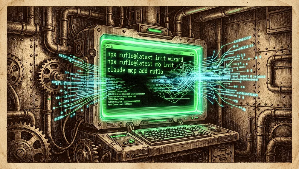 Terminal futurista mostrando comandos de instalación como npx ruflo@latest init wizard y claude mcp add ruflo.
