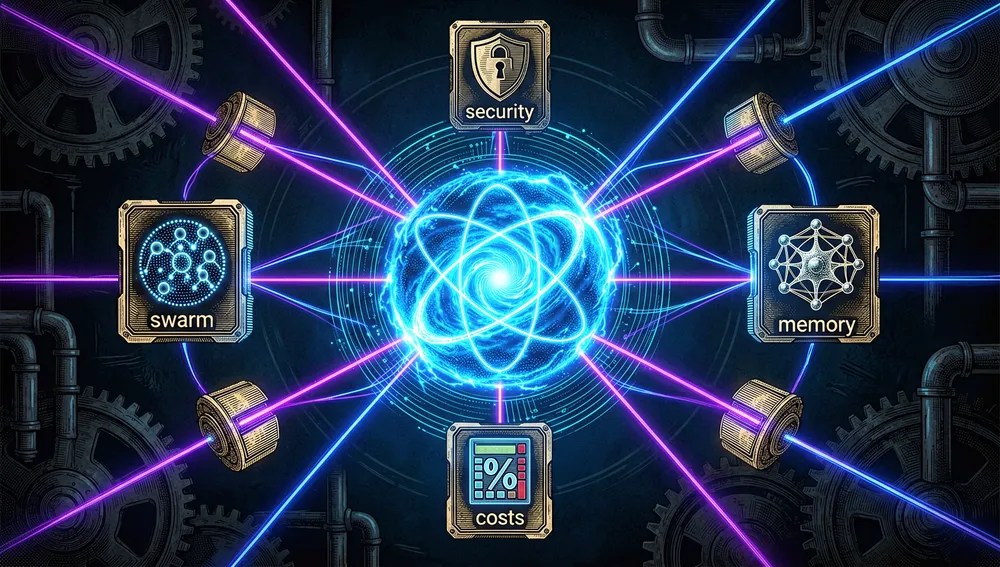 Mapa holográfico de un ecosistema de complementos orbitando un núcleo central, con iconos para enjambre, memoria, seguridad y costes.