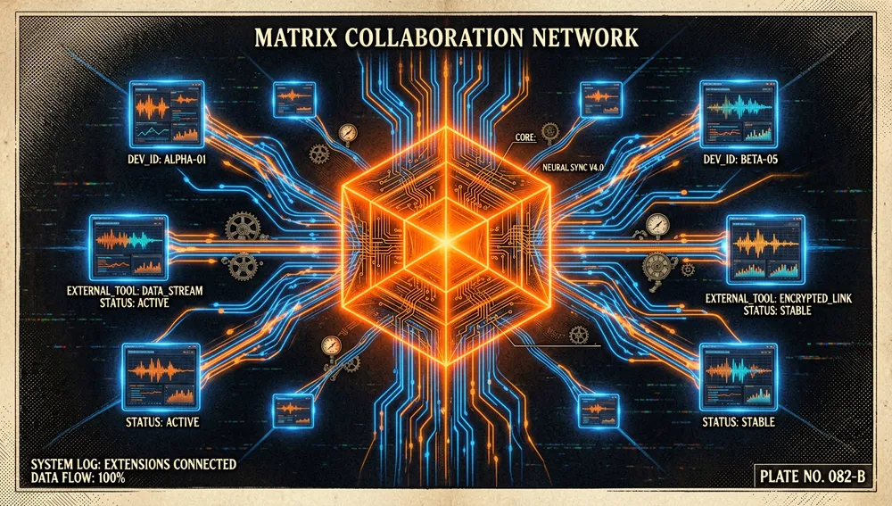 Red digital de nodos que representan colaboradores y herramientas externas conectados a un núcleo central más grande.