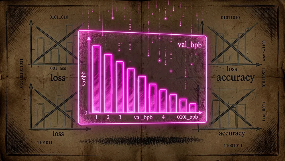 Visualización en neón de la métrica val_bpb descendiendo como una única barra de luz, con métricas alternativas tachadas al fondo.