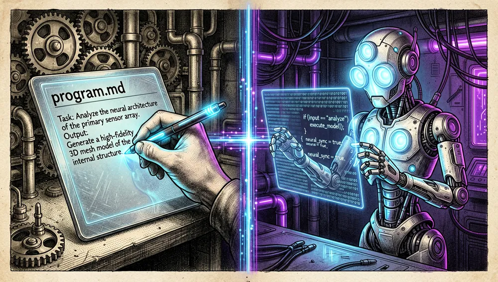 Ilustración dividida: una mano humana escribe program.md en una tableta digital mientras una entidad de IA lee las instrucciones y manipula una matriz de código.