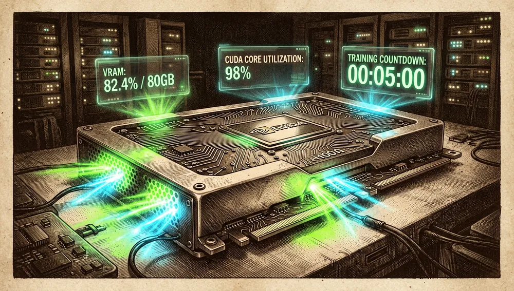 Clúster de GPU en neón centrado en una única NVIDIA H100, con paneles holográficos que muestran uso de VRAM y una cuenta regresiva de cinco minutos.