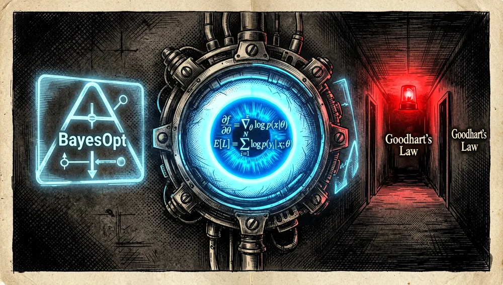 Ilustración conceptual de un ojo robótico observando una fórmula matemática cambiante, rodeado de advertencias holográficas sobre BayesOpt y la ley de Goodhart.