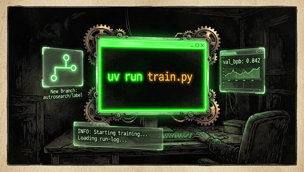 Terminal futurista ejecutando uv run train.py, con paneles holográficos que muestran la creación de una rama Git y el archivo run.log llenándose de datos.