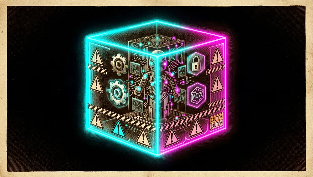 Cubo transparente de neón que aísla la ejecución de un agente de IA, con iconos flotantes de herramientas, secretos y capacidades MCP a su alrededor.