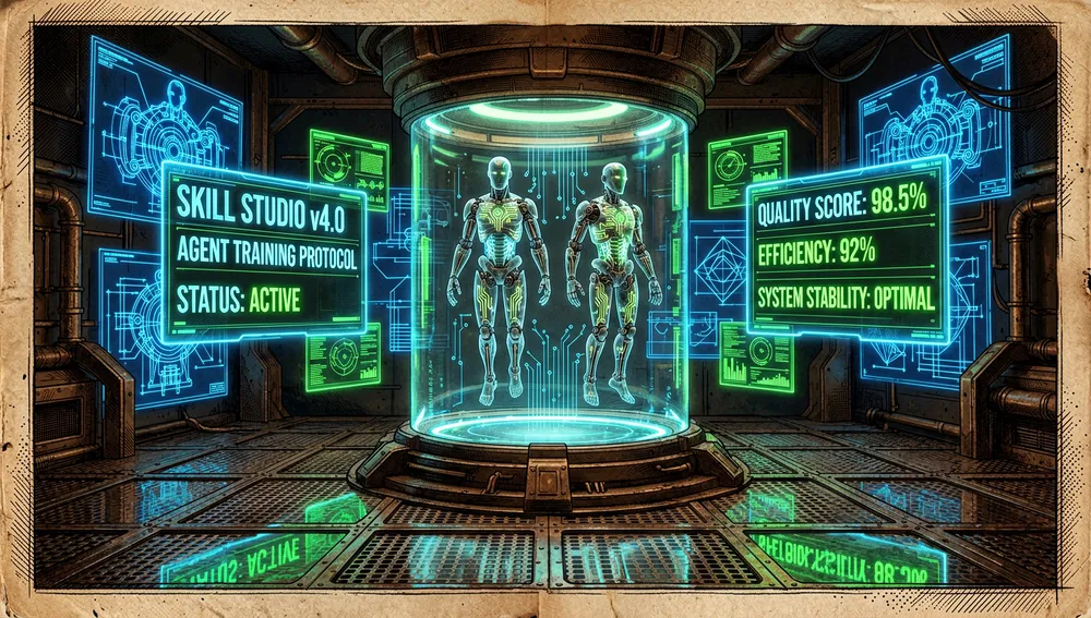 Interfaz de un taller holográfico de Skill Studio donde agentes de IA entrenan y son evaluados, con métricas de calidad flotando en pantallas de neón.