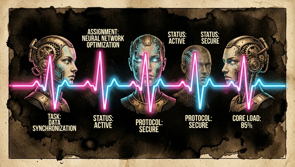 Línea de pulso tipo cardiograma en neón que activa avatares de agentes de IA a lo largo del tiempo, representando heartbeats y rutinas programadas.