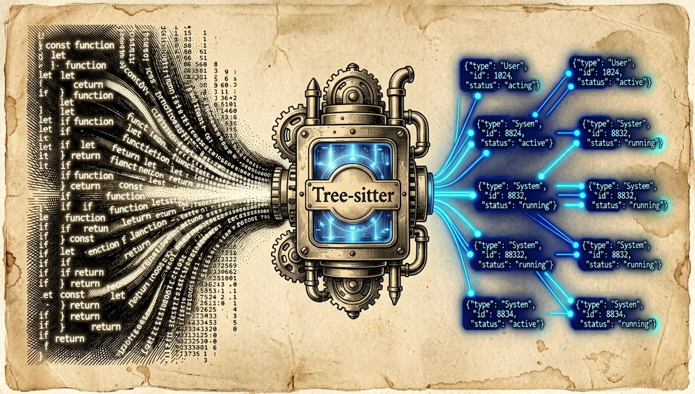 Komposition, die links rohen Code zeigt, in der Mitte eine zentrale Engine mit der Bezeichnung Tree-sitter und rechts einen sauberen, strukturierten JSON-Wissensgraphen.