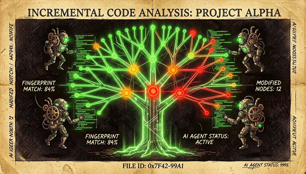 Leuchtende Baumstruktur, die eine Codebasis darstellt, mit grünen Ästen für unveränderte Teile und roten und orangefarbenen Knoten für geänderte Dateien, die eine erneute Analyse erfordern.