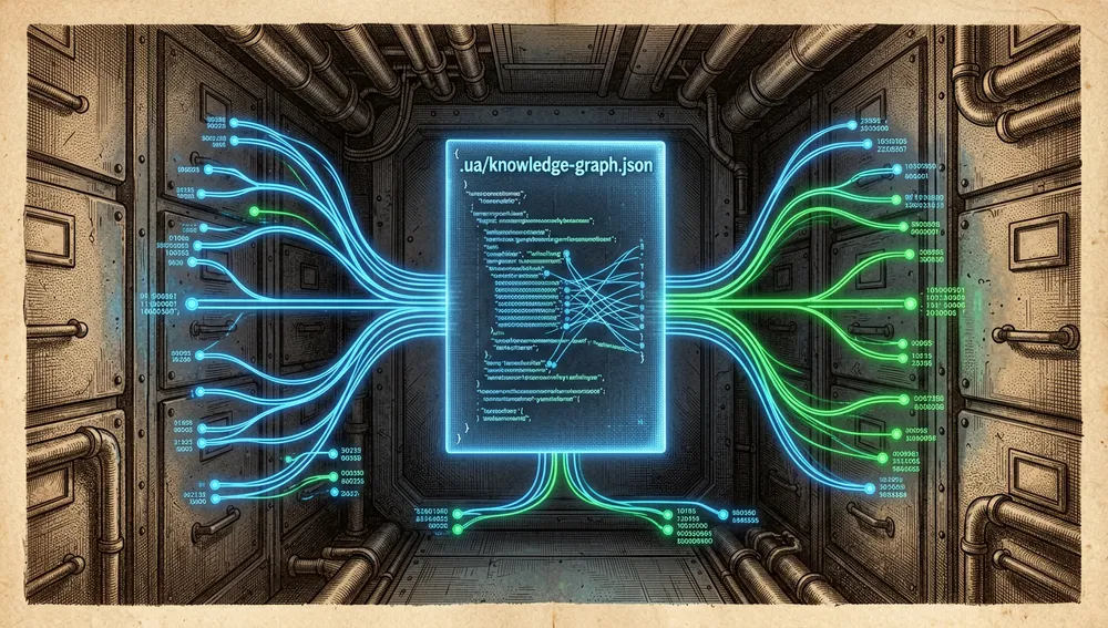 Leuchtende JSON-Datei mit der Bezeichnung .ua/knowledge-graph.json im Zentrum eines digitalen Tresors, umgeben von holografischen Git-Branches, die die Versionierung des Graphen symbolisieren.