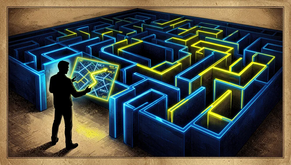 Silhouette einer Entwicklerin am Eingang eines dunklen digitalen Labyrinths, die eine interaktive Neon-Karte hält, die einen geführten Pfad erleuchtet.