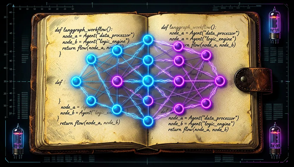 Terminal de mando futurista mostrando un grafo de LangGraph con nodos interconectados que pulsan en azul eléctrico y púrpura neón.
