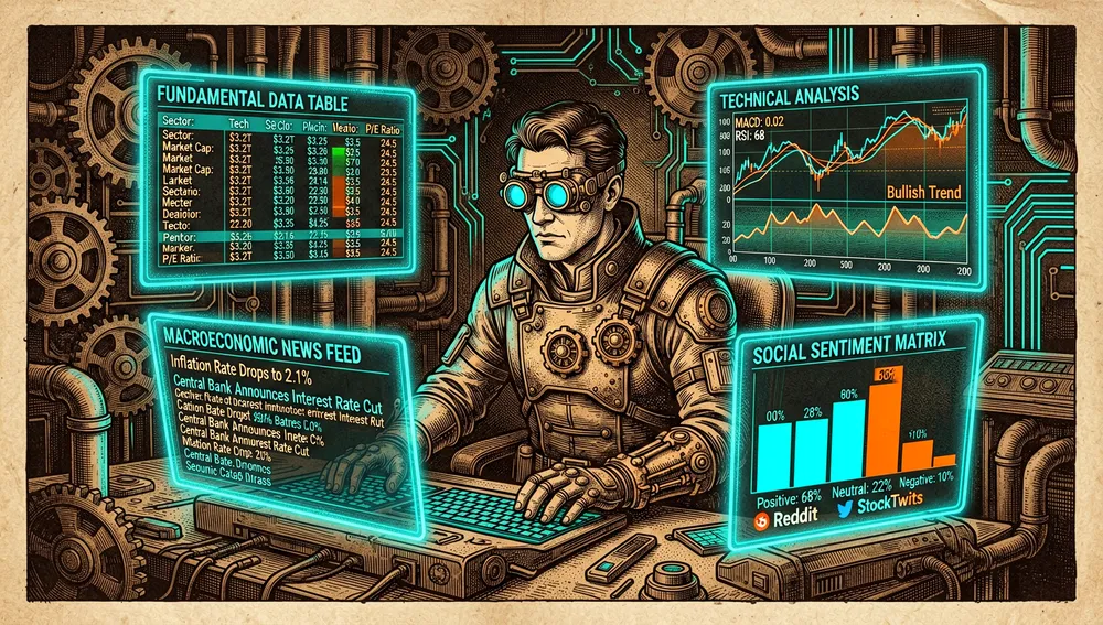 Cuatro paneles holográficos de un puesto de análisis financiero mostrando datos fundamentales, indicadores técnicos, noticias macroeconómicas y sentimiento social.