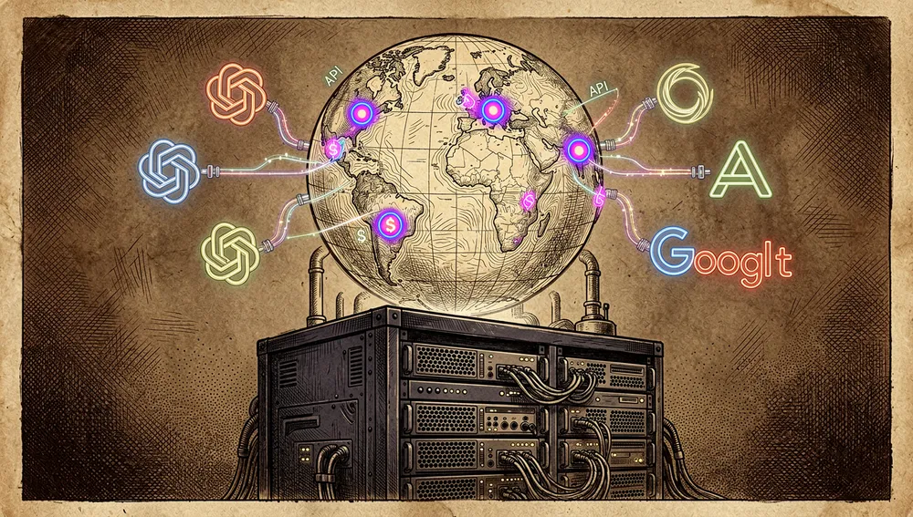 Un globo digital brillante sobre un servidor oscuro, con puntos de conexión neón resaltando Nueva York, Hong Kong, Tokio y Londres, y tuberías de API conectando el globo a proveedores de modelos de lenguaje.