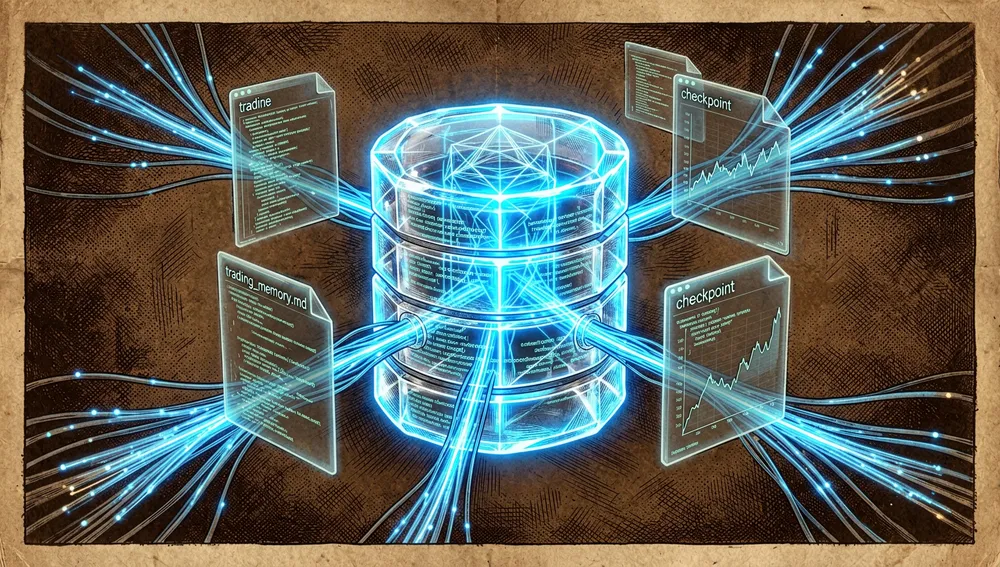 Un banco de memoria digital con cables de fibra óptica alimentando un núcleo de base de datos cristalino que brilla en azul neón, rodeado de archivos etiquetados como memoria de negociación y puntos de control.