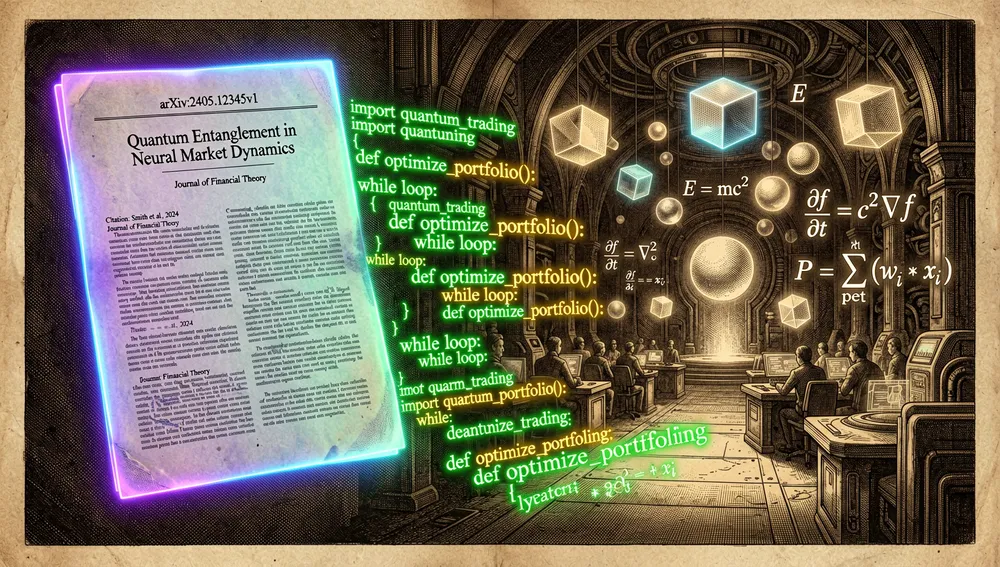 Un documento académico brillante con citas de arXiv que se transforma en código en cascada sobre una mesa de negociación multiagente.