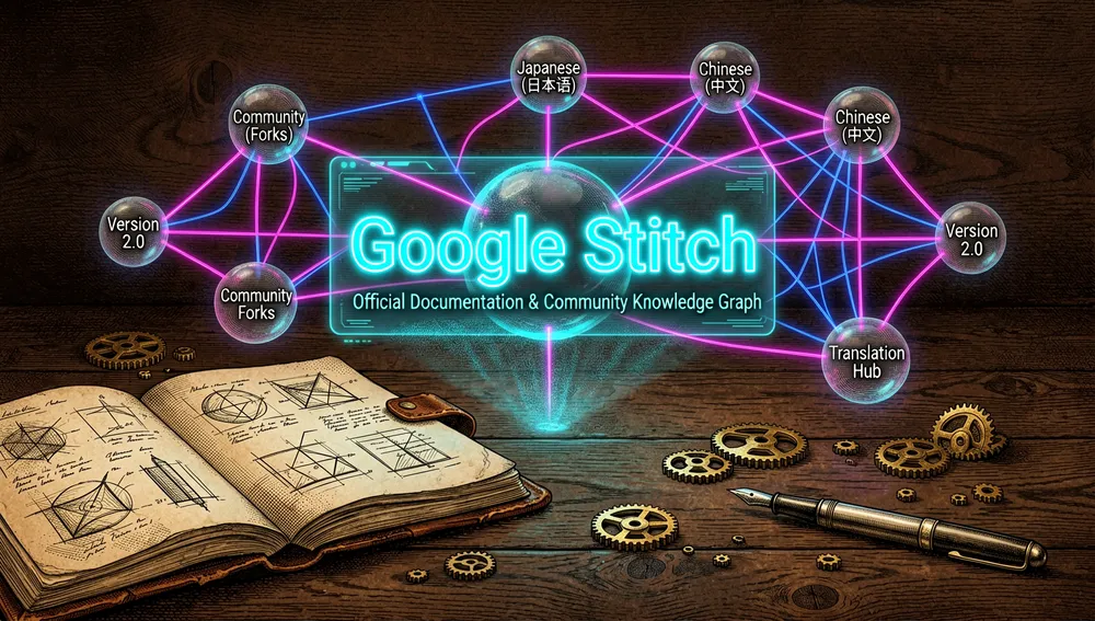 Pantallas holográficas con la documentación oficial de Google Stitch conectadas a nodos de traducciones y bifurcaciones de la comunidad.