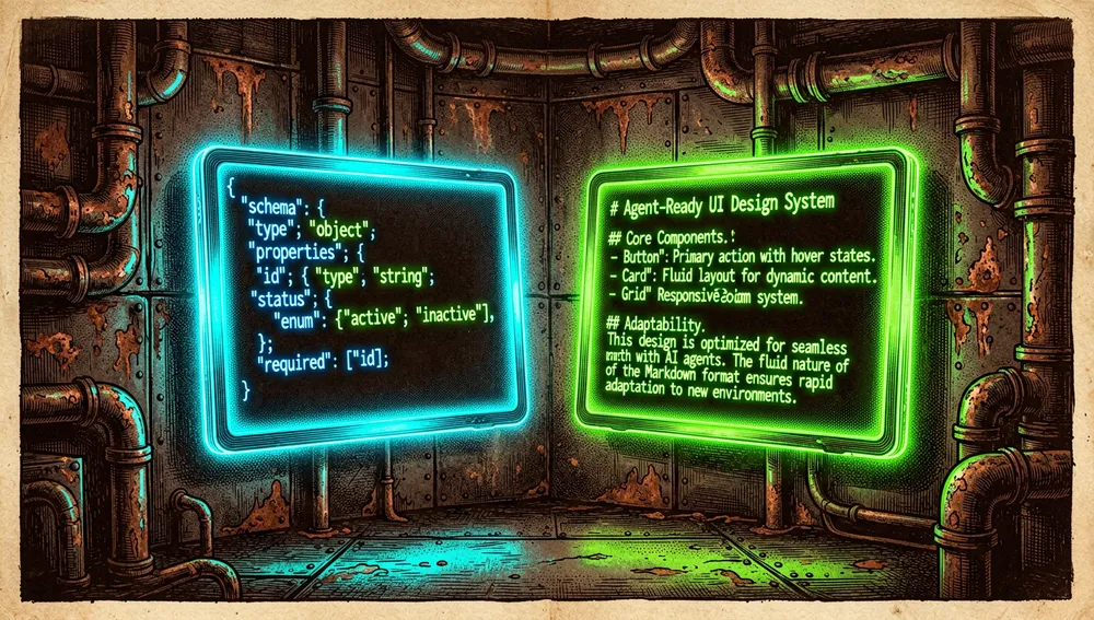 Comparación de dos paneles: un esquema JSON rígido frente a un archivo DESIGN.md legible y adaptable.