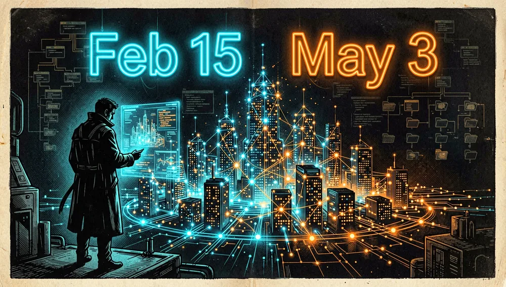 Línea temporal futurista con las fechas 15 de febrero y 3 de mayo sobre una red de nodos que representa el crecimiento del repositorio a 27.000 estrellas.