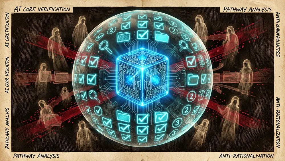 Núcleo de IA protegido por escudos holográficos que repelen excusas fantasmales, representando el principio de antirracionalización.
