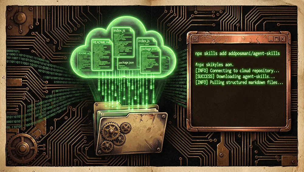 Terminal con el comando npx skills add addyosmani/agent-skills ejecutándose y extrayendo archivos Markdown estructurados.