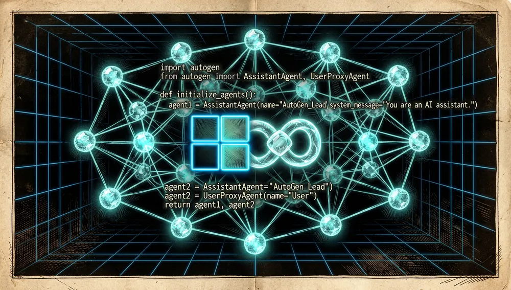 Holografisches neuronales Netzwerk mit durchscheinenden Zeilen von Python-Code und einem in Neon umrandeten Microsoft-Logo, das sich in ein Open-Source-Kettenglied verwandelt.