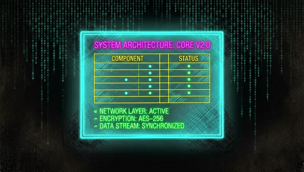 Holografischer architektonischer Bauplan, der die Markdown-Syntaxstruktur zeigt: Überschriften in Neon-Cyan, Listen in Magenta und Tabellenraster in Gelb, vor einem Hintergrund aus Binärcode.