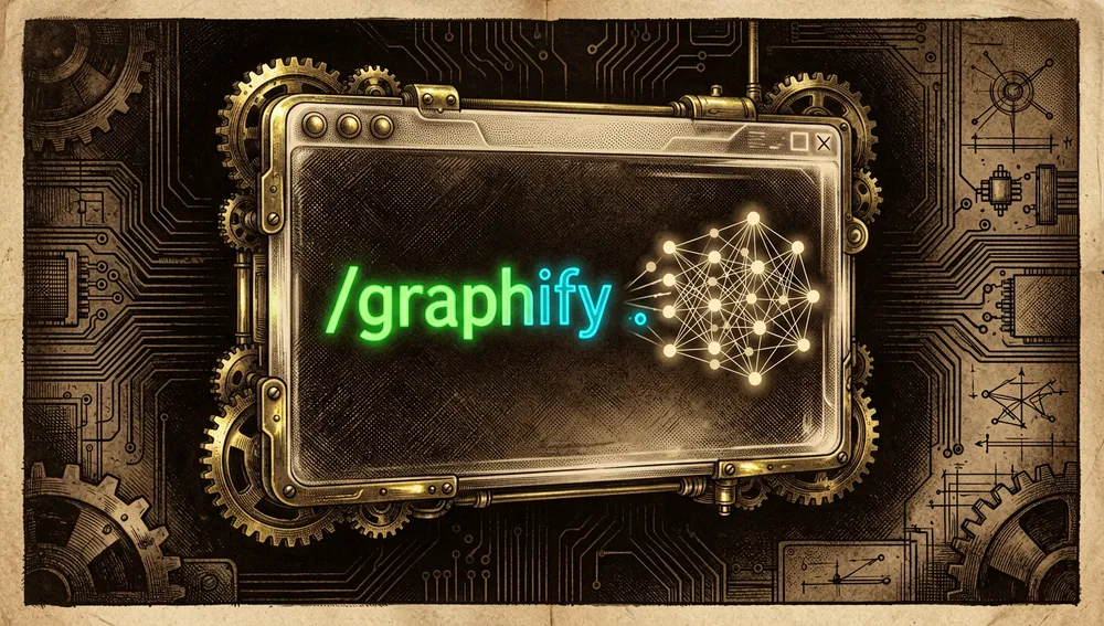 Terminal futurista en negro con texto verde neón ejecutando el comando /graphify ., del que emerge un pequeño grafo de conocimiento tridimensional en formación.