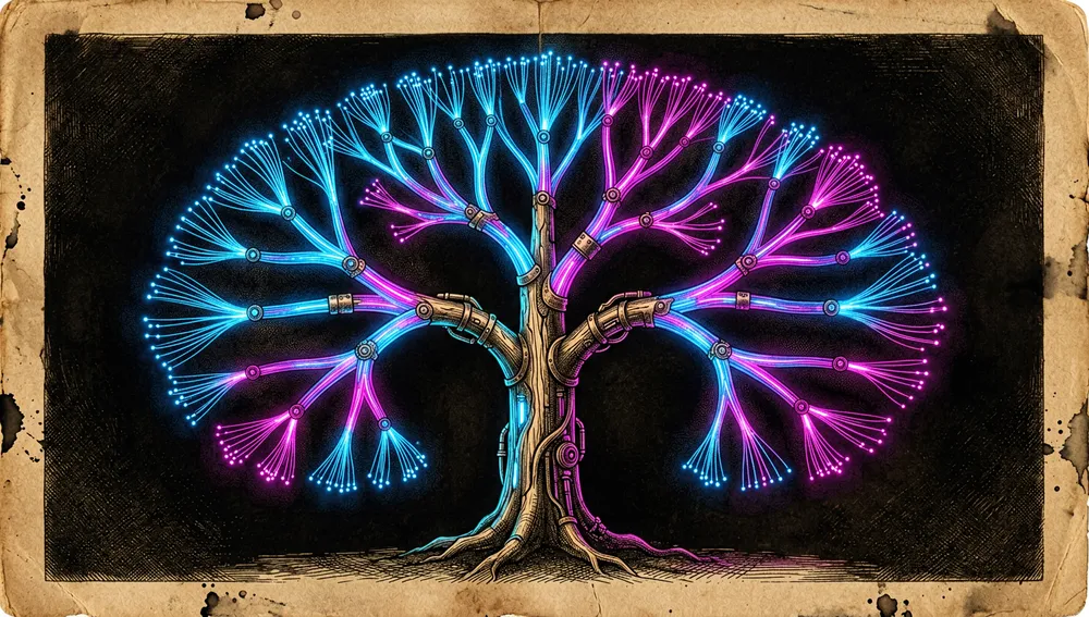 Árbol sintáctico abstracto compuesto por fibras ópticas de neón azul y magenta ramificándose en el vacío, como metáfora del análisis determinista con Tree-sitter.