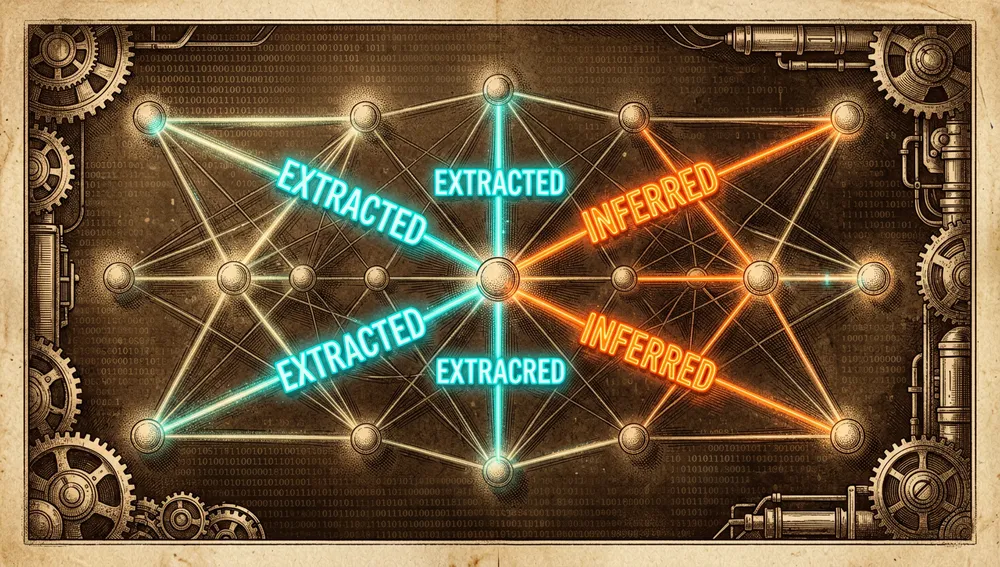 Grafo de relaciones con aristas etiquetadas EXTRACTED e INFERRED sobre un fondo oscuro, representando la trazabilidad de las conexiones que genera Graphify.