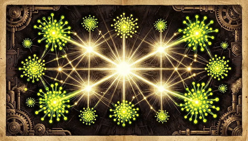 Constelaciones densas de nodos amarillos y verdes conectados por aristas luminosas, con unos pocos nodos radiantes que actúan como concentradores de una red más amplia, en un espacio digital oscuro.