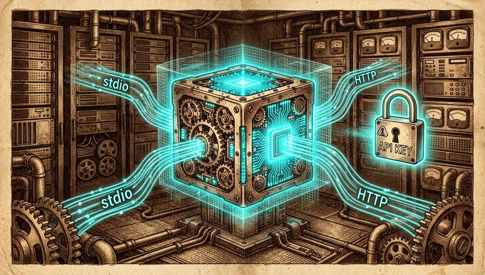 Cubo central de neón cian que representa un servidor MCP en una sala de servidores oscura, con flujos de datos holográficos entrando y saliendo mediante stdio y HTTP, junto a un icono de candado de clave de API.