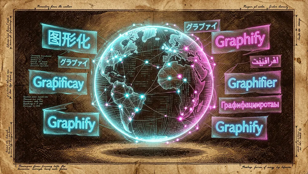 Globo holográfico compuesto por código y nodos de grafo, rodeado de estandartes flotantes con la palabra "Graphify" escrita en varios idiomas y alfabetos distintos.