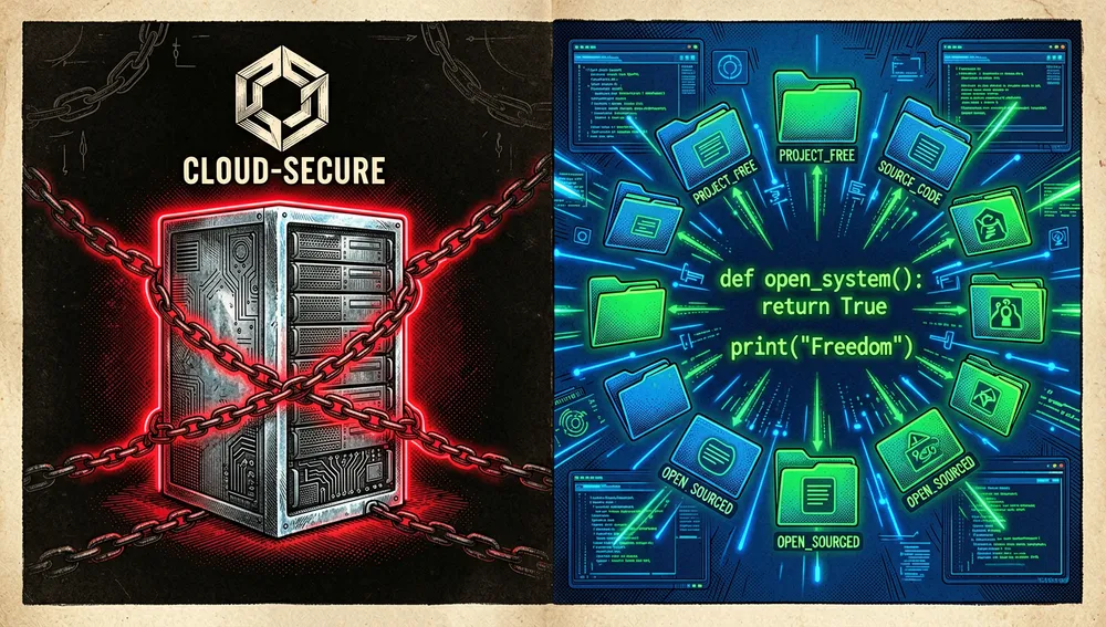 Split-screen composition: on the left, a closed cloud server chained shut with a glowing lock; on the right, an open local desktop with folders and code snippets radiating outward.