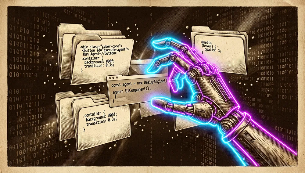 Neon-outlined robotic hand assembling floating HTML and CSS files into a visual component, against a background of binary code and data streams.