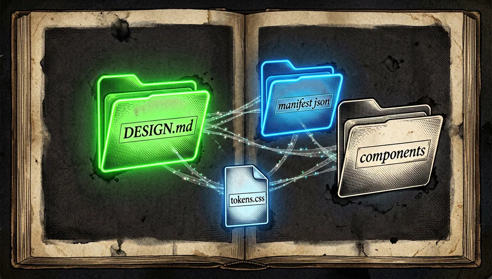 Glowing holographic folders labeled DESIGN.md, manifest.json, tokens.css, and components, connected by threads of light in a dark digital space.