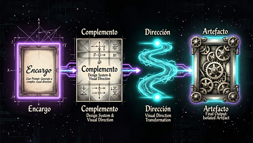 Glowing flowchart showing the brief, direction, design system, and artifact stages connected by pulsing data streams.