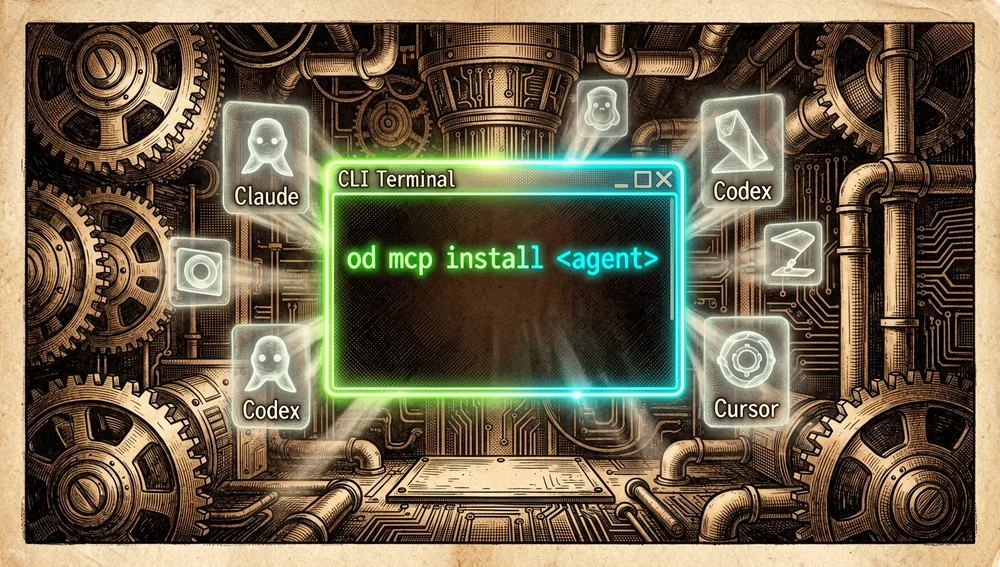 Dark-mode terminal running the od mcp install command, with ghostly holographic icons of different code agents integrating into the system.