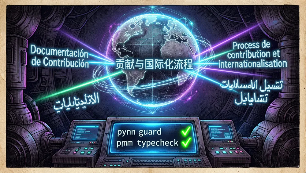 Glowing digital globe with light beams translating documentation into multiple languages, above a cyberpunk terminal showing pnpm guard and pnpm typecheck with green neon checkmarks.