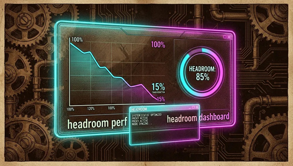 Futuristisches Dark-Mode-Dashboard mit Neon-Grafiken, die zeigen, wie der Token-Verbrauch von 100 % auf 15 % sinkt, neben einem Terminal mit den Befehlen headroom perf und headroom dashboard.