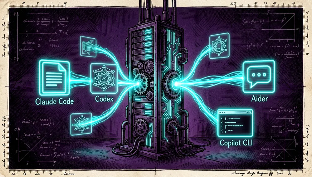 Cyberpunk-Kommandozentrale mit einem zentralen Serverturm, der über Neonlicht-Spuren mit holografischen Symbolen von Coding-Agenten wie Claude Code, Codex, Aider und Copilot CLI verbunden ist.