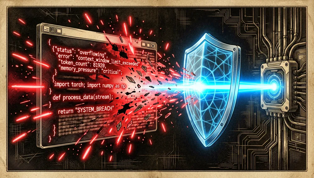 Futuristische Darstellung eines überlaufenden Kontextfensters: Ein chaotischer Sturm aus Text, JSON und Codefragmenten wird von einem lokalen Proxy-Schild absorbiert und zu einem einzigen Lichtstrahl komprimiert.