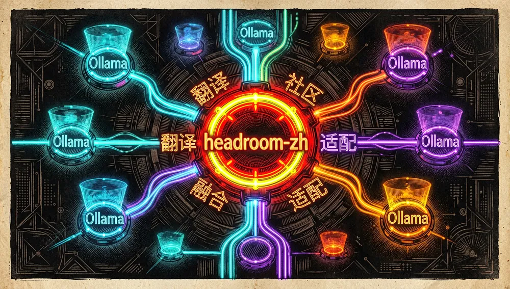 Leuchtender zentraler Kern, der Headroom repräsentiert und sich zu holografischen Knoten von Community-Forks und Übersetzungen verzweigt, darunter der chinesische Fork headroom-zh.