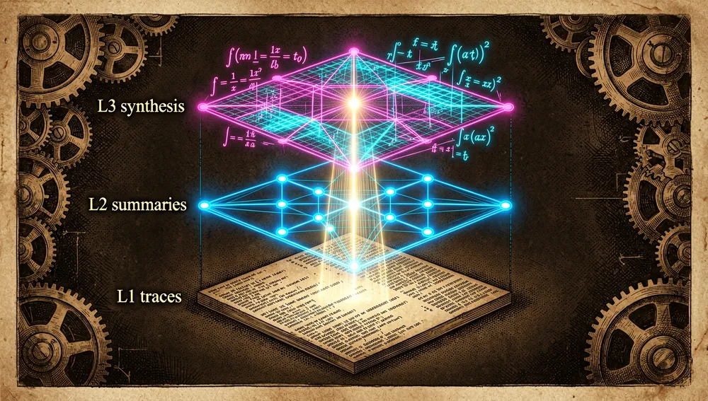 Visualización de la arquitectura de memoria en tres capas de DeepTutor: trazas L1, resúmenes L2 y síntesis L3 conectadas por un haz de luz que remonta hasta la evidencia original.