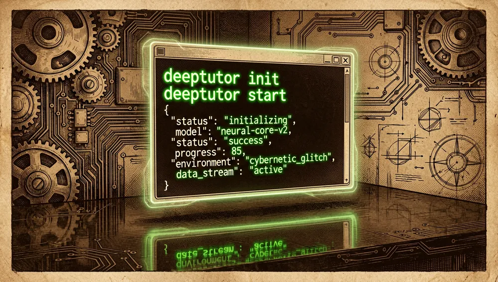Terminal mostrando los comandos deeptutor init y deeptutor start en texto verde neón, con salida JSON estructurada desplegándose en pantalla.