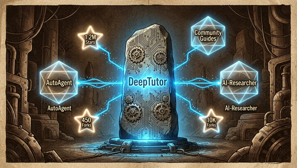 Ecosistema de código abierto con el repositorio DeepTutor como núcleo central rodeado de nodos satélite que representan bifurcaciones, guías comunitarias y proyectos relacionados de HKUDS como AutoAgent y AI-Researcher.