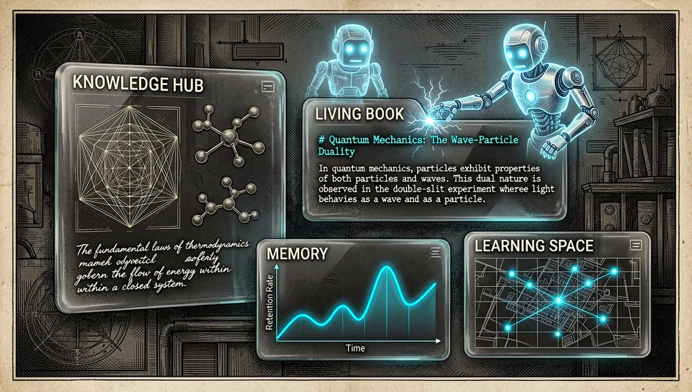 Panel del dashboard de DeepTutor con paneles flotantes para el Centro de Conocimiento, el Libro Vivo, el grafo de Memoria y el Espacio de Aprendizaje.